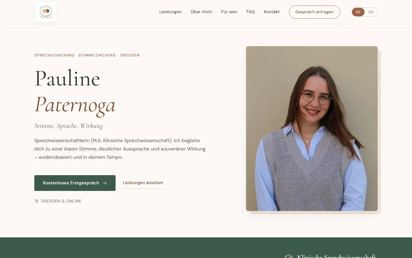 Startseite der Website von Pauline Paternoga mit Porträt und Coaching-Angebot